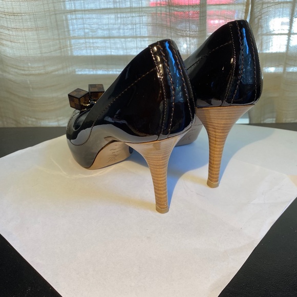 Louis Vuitton open toe brown leather pumps Damier cube heels 36.5 dice sandals - Picture 4 of 9